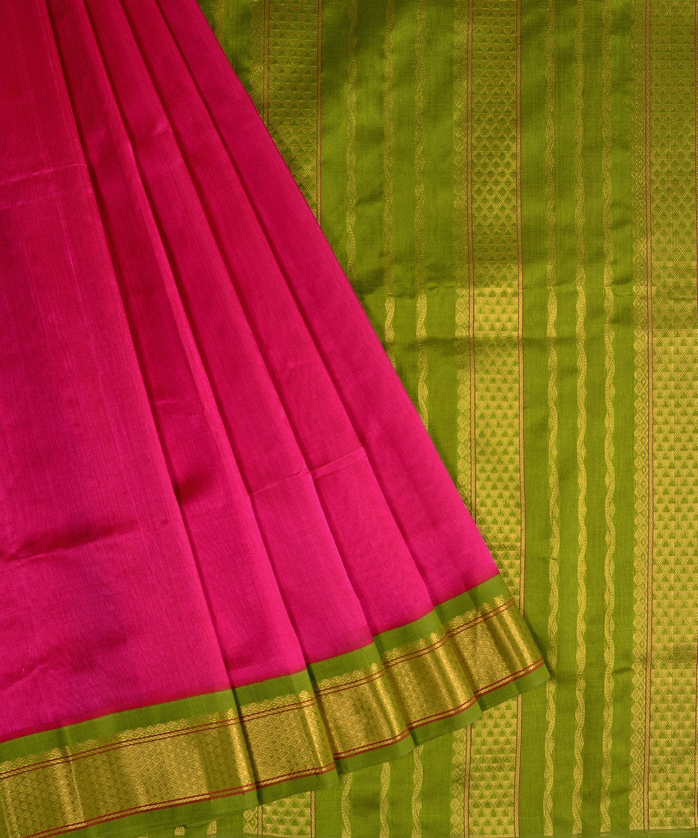 Pink green handwoven cotton silk kanchi saree with zari border