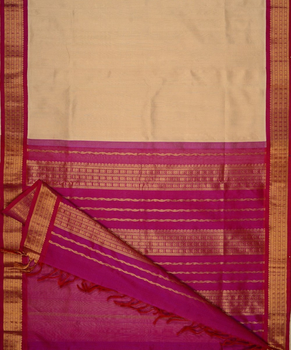 Cream handwoven cotton silk kanchi saree with zari border