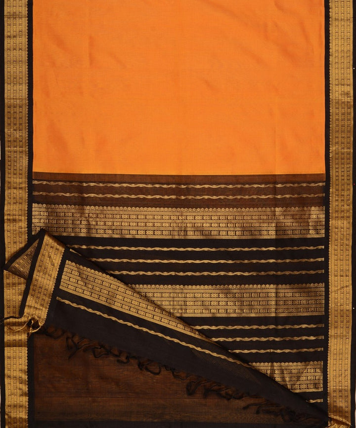 Mustard handwoven cotton silk kanchi saree with zari border