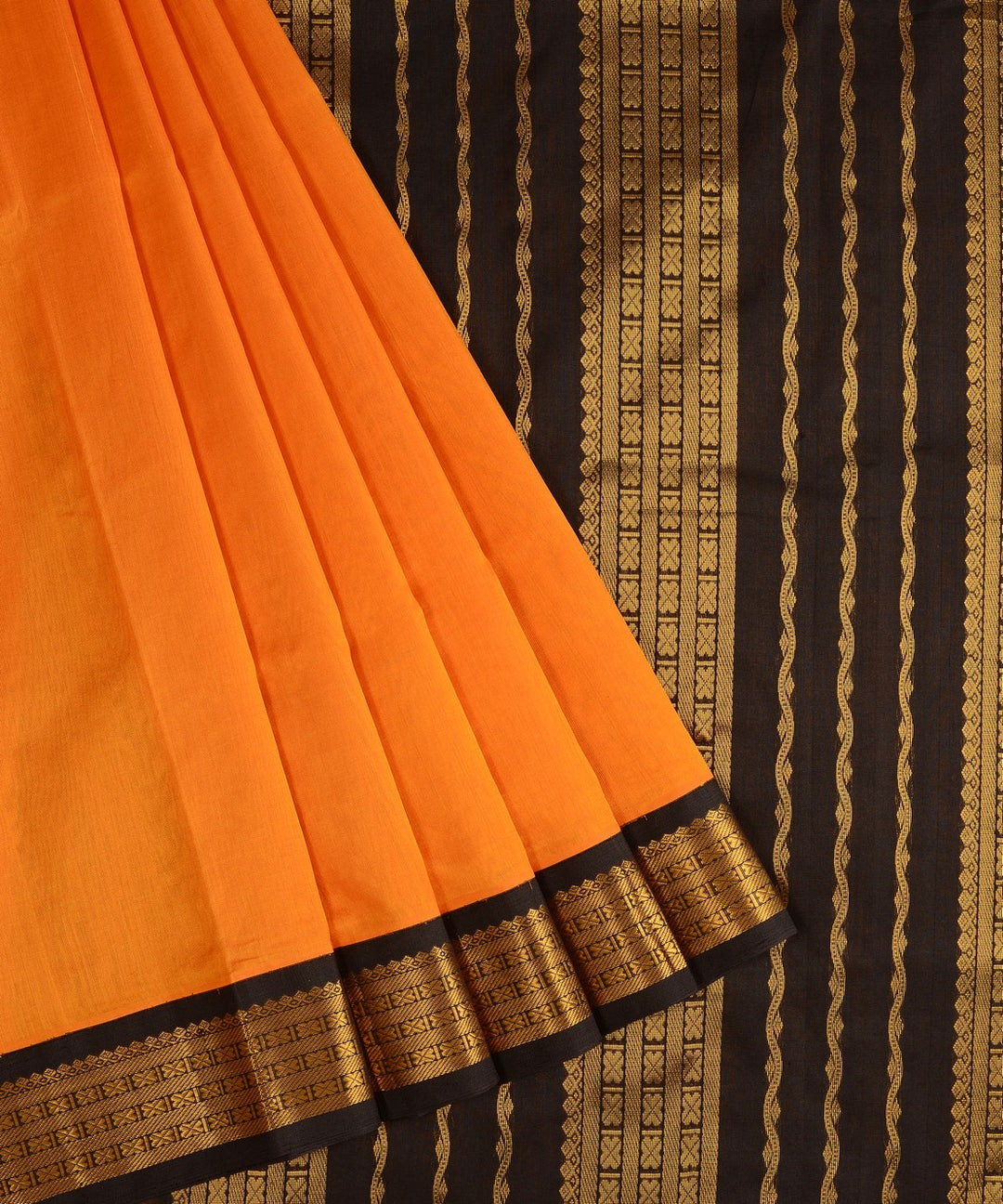Mustard handwoven cotton silk kanchi saree with zari border
