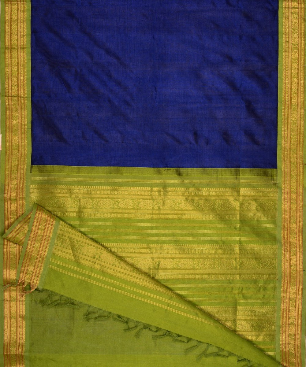 Navy blue handwoven cotton silk kanchi saree with zari border