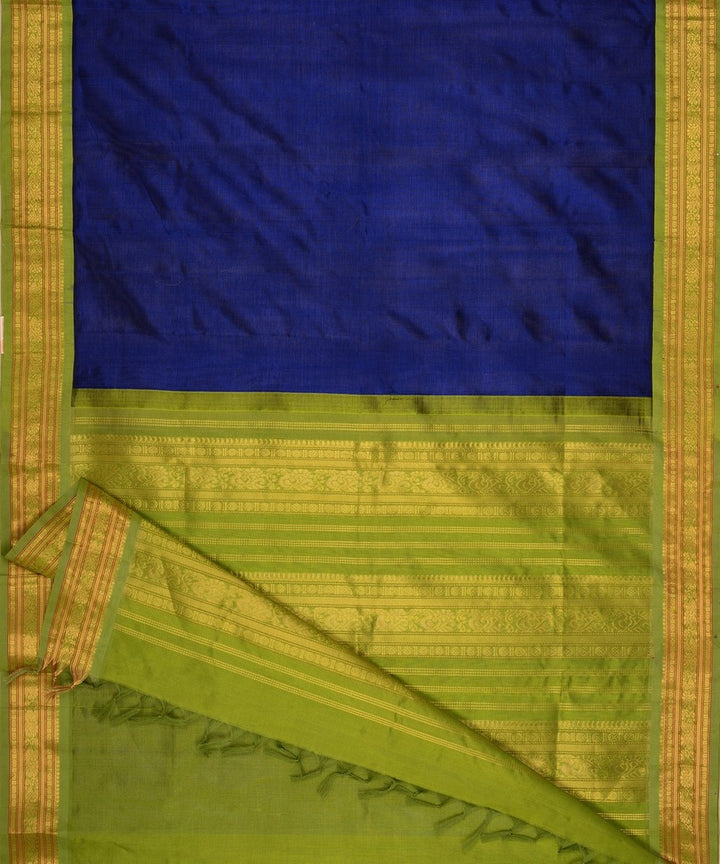 Navy blue handwoven cotton silk kanchi saree with zari border