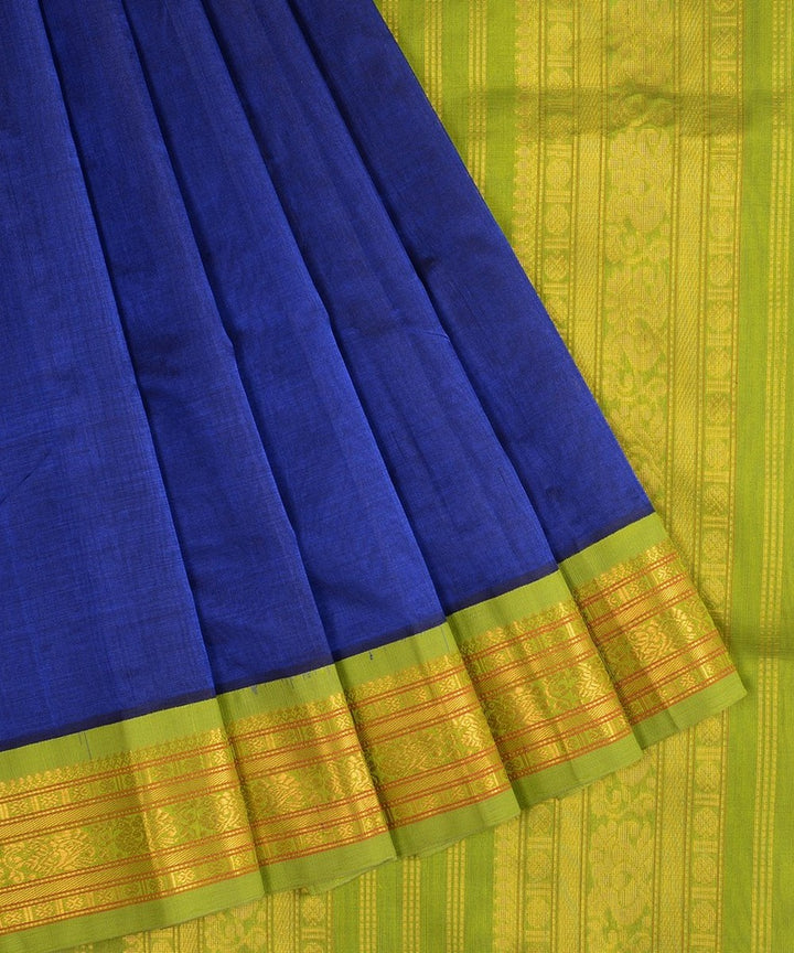 Navy blue handwoven cotton silk kanchi saree with zari border