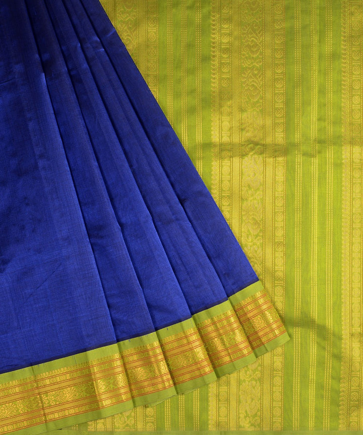 Navy blue handwoven cotton silk kanchi saree with zari border