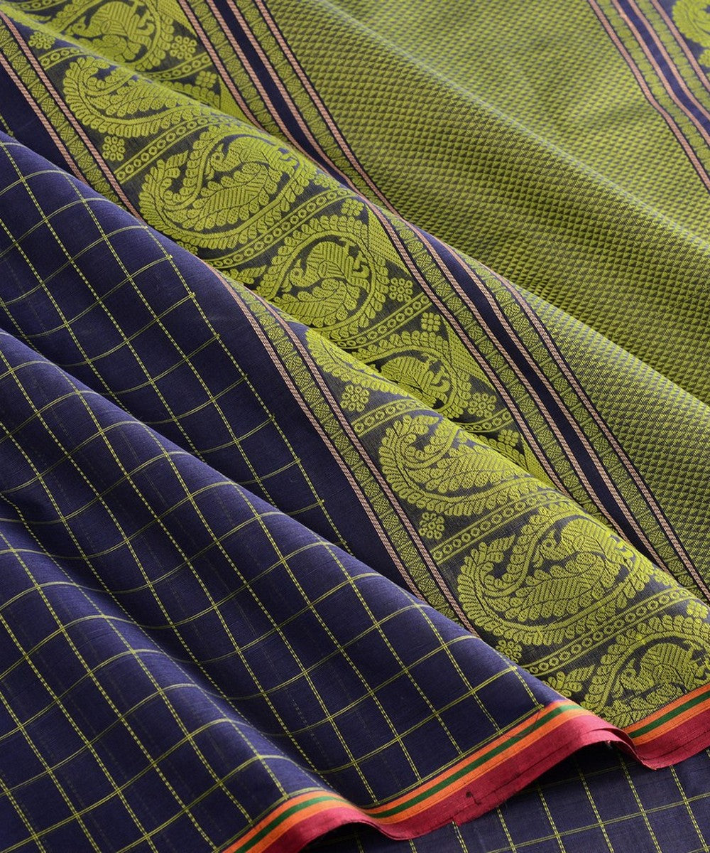 Navy blue borderless handwoven kanchi cotton saree