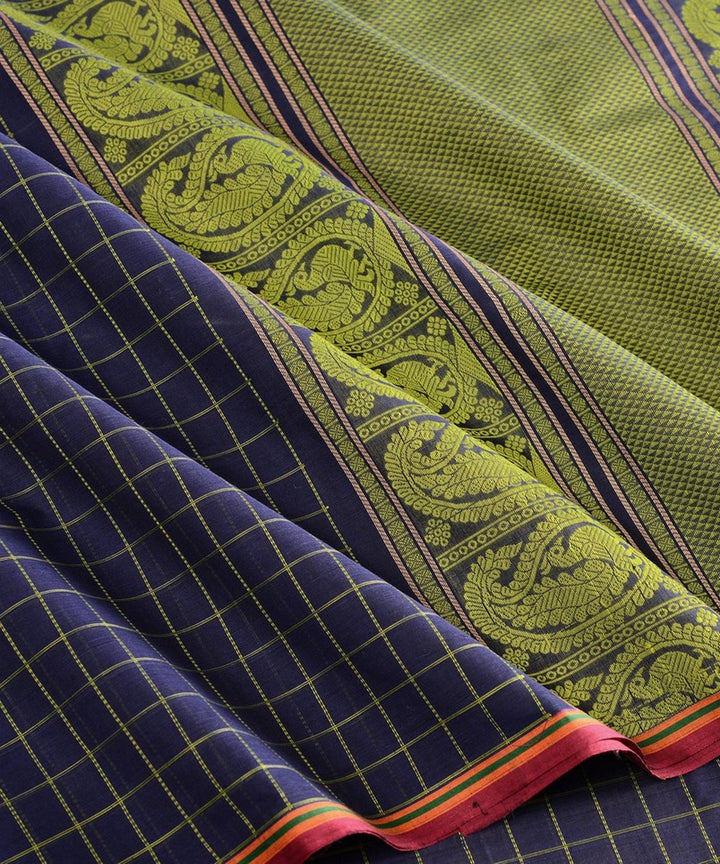 Navy blue borderless handwoven kanchi cotton saree
