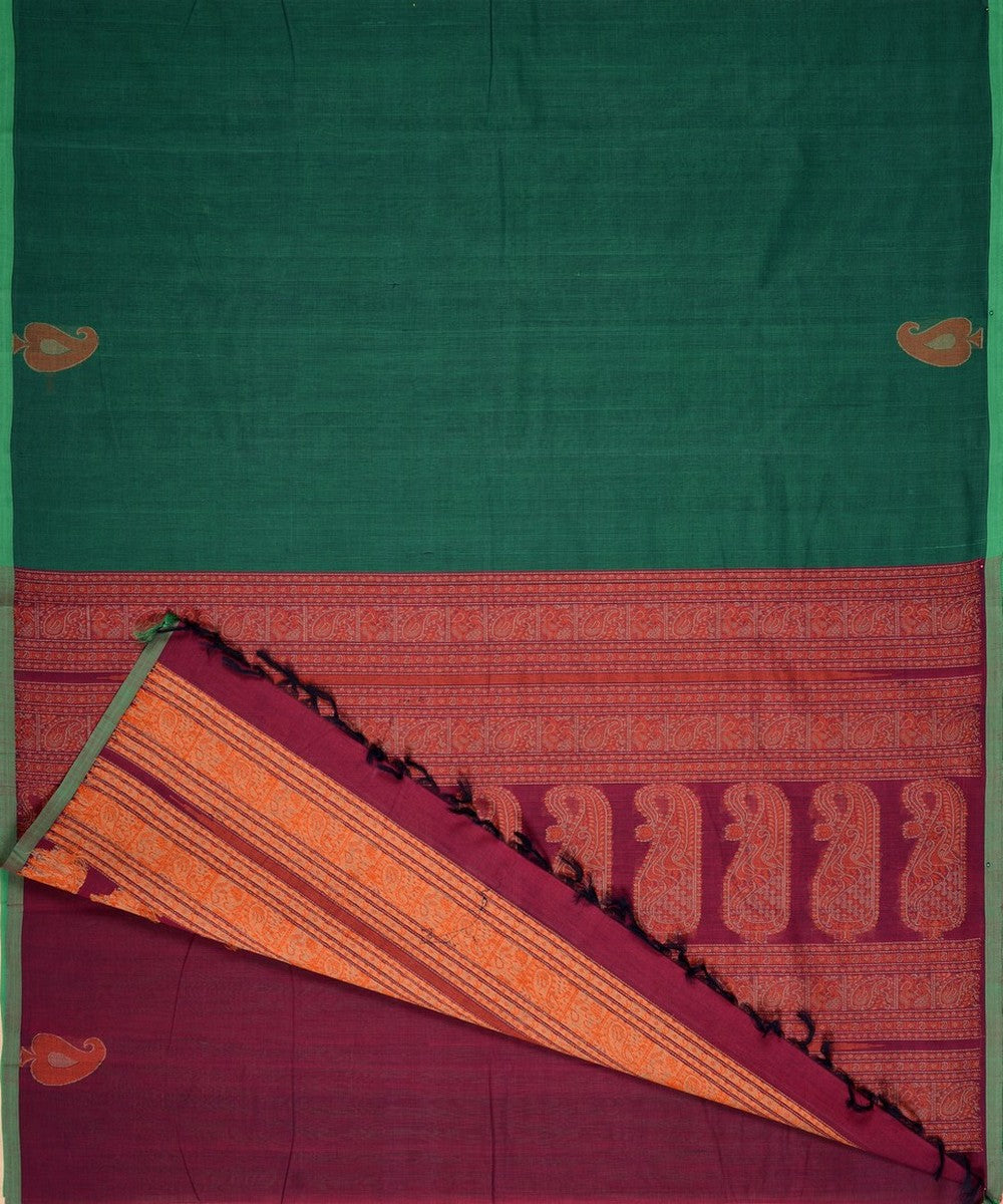 Dark green pink handwoven kanchi cotton saree