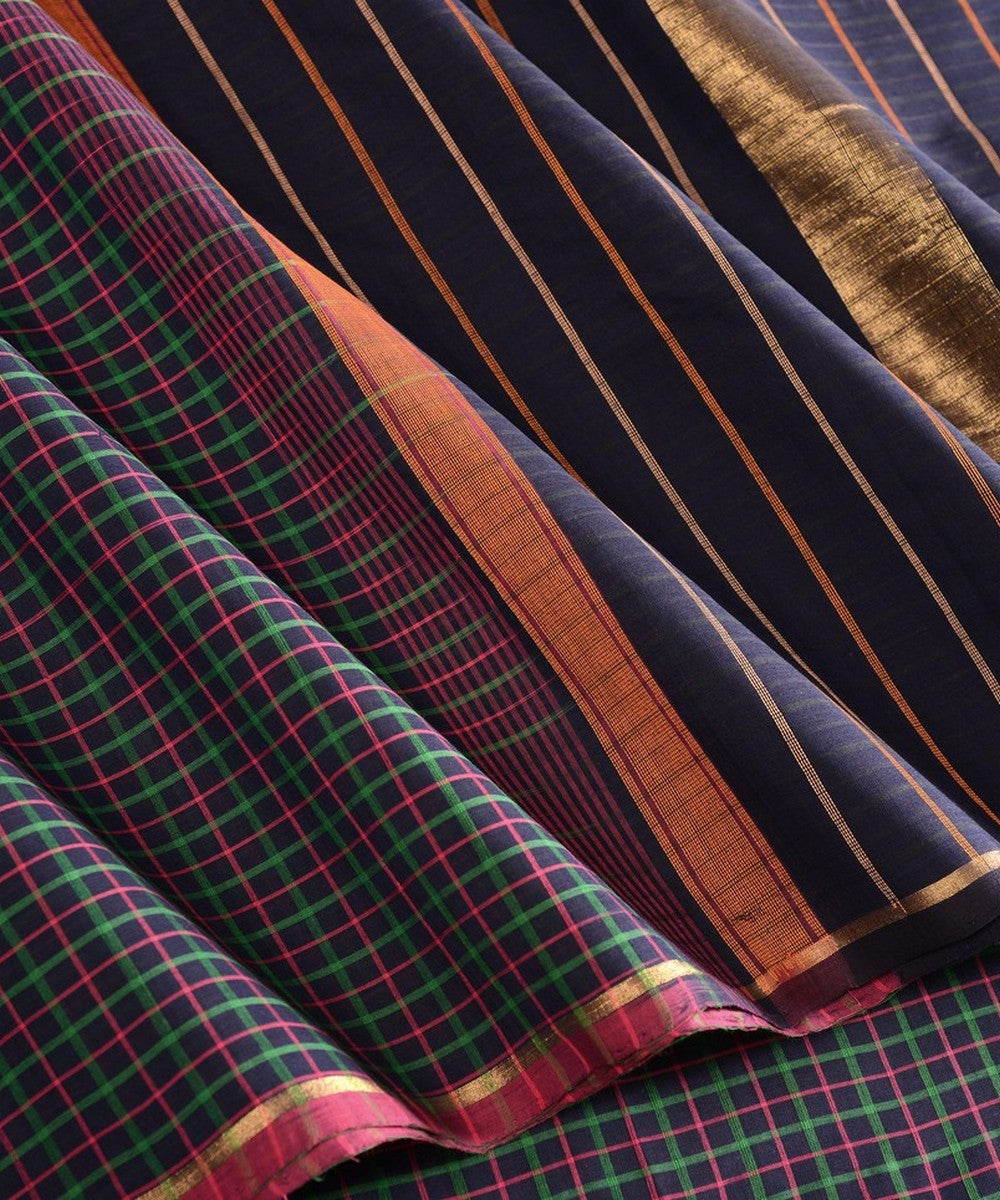 Navy blue borderless handwoven kanchi cotton saree