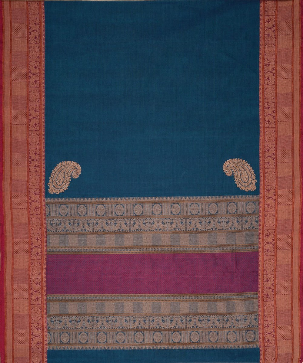 Navy blue with paisley corner motif handwoven kanchi cotton saree