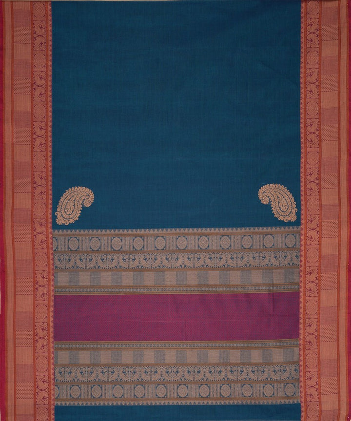 Navy blue with paisley corner motif handwoven kanchi cotton saree
