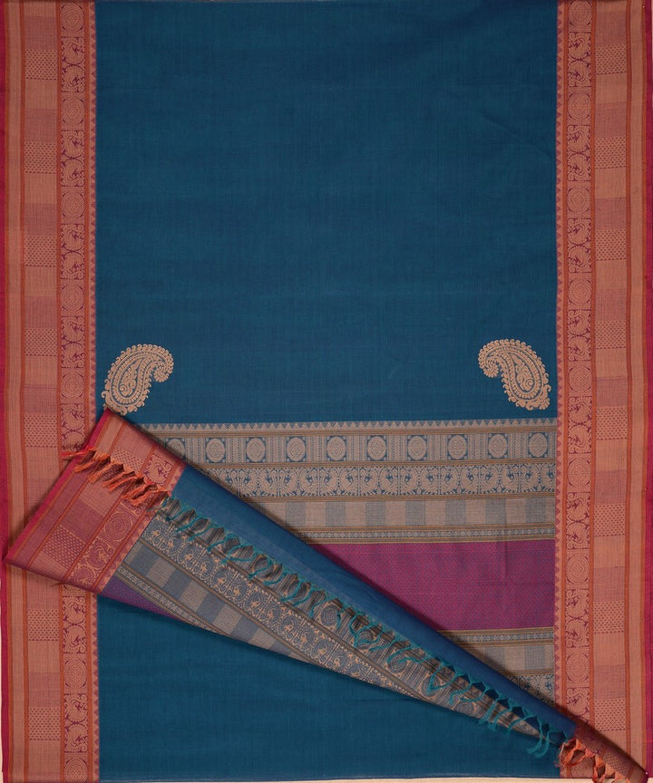 Navy blue with paisley corner motif handwoven kanchi cotton saree