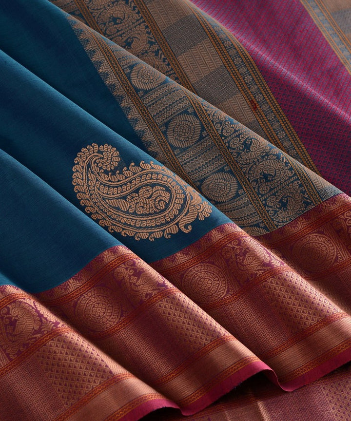 Navy blue with paisley corner motif handwoven kanchi cotton saree