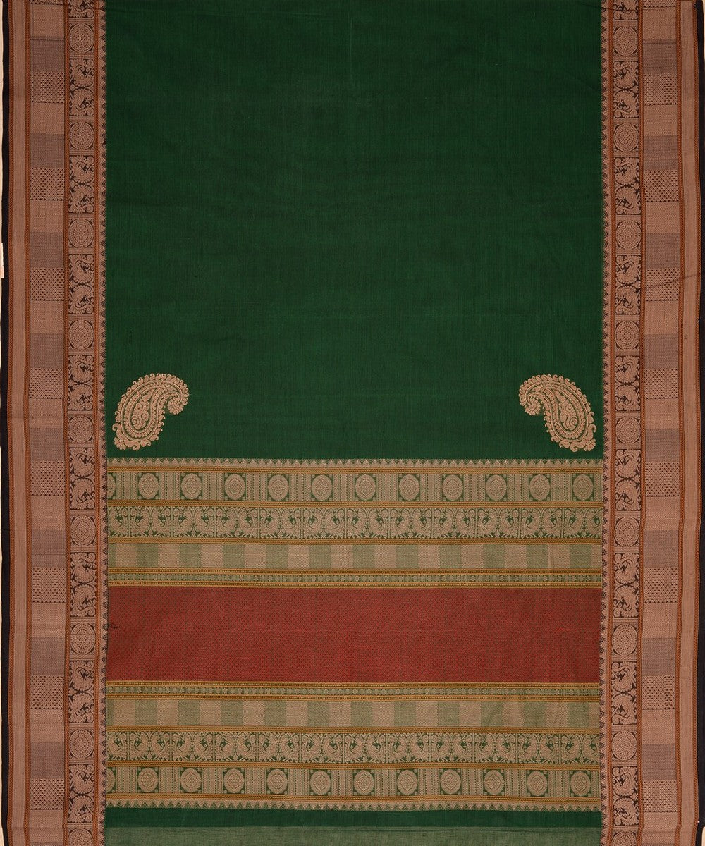 Green with paisley corner motif handwoven kanchi cotton saree