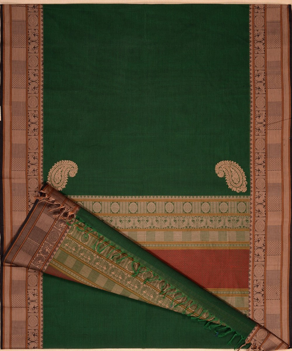 Green with paisley corner motif handwoven kanchi cotton saree