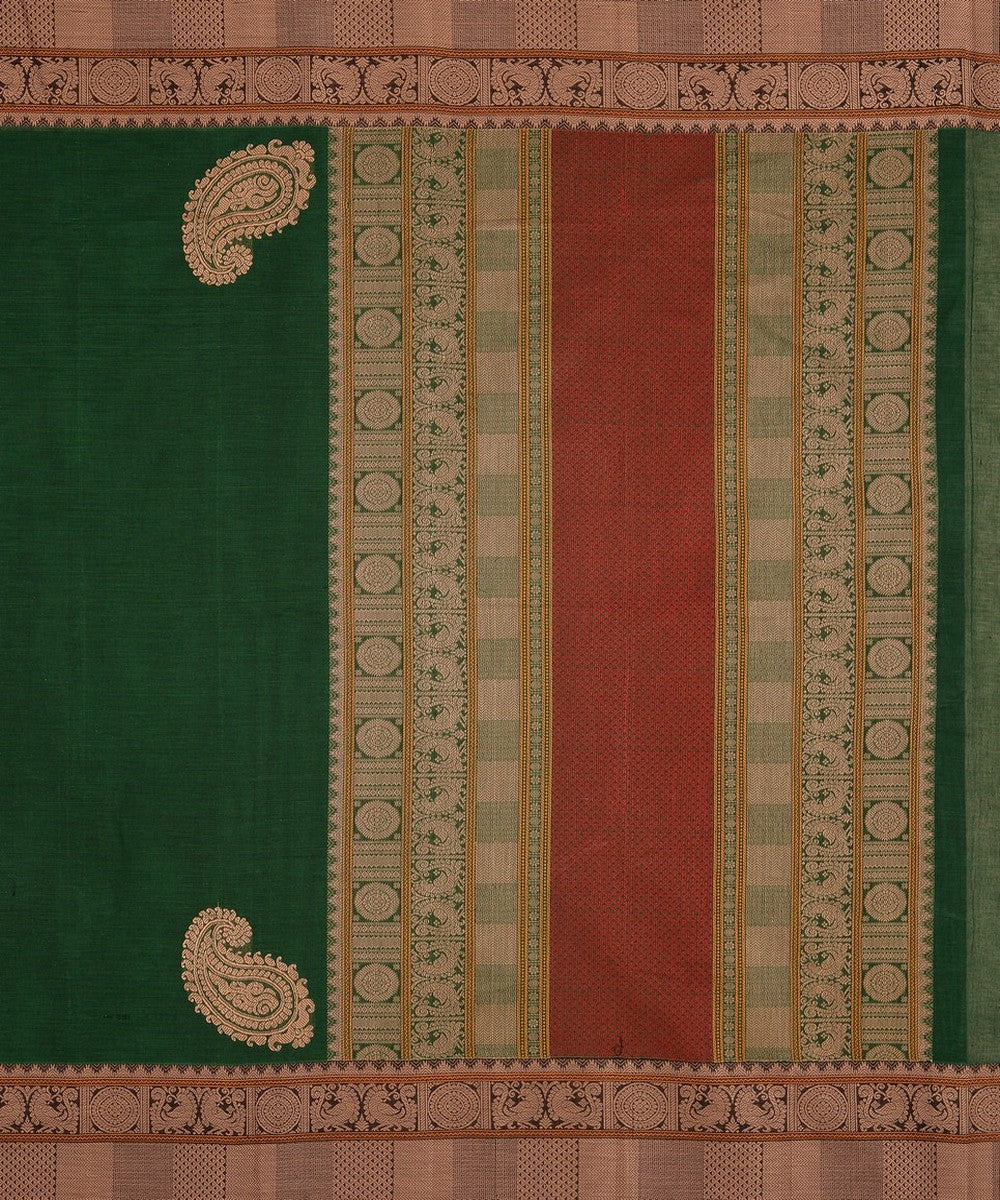 Green with paisley corner motif handwoven kanchi cotton saree
