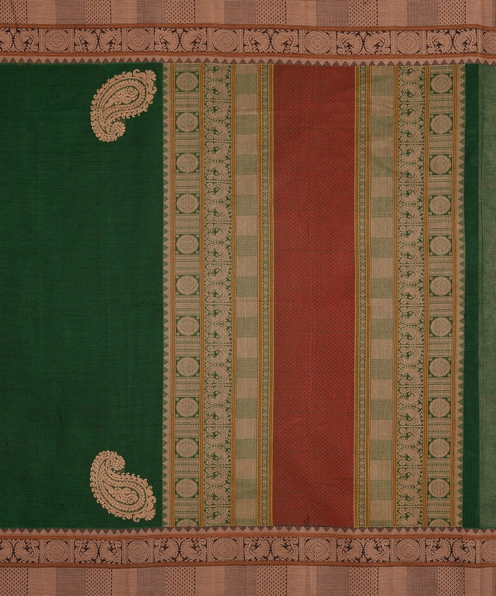 Green with paisley corner motif handwoven kanchi cotton saree