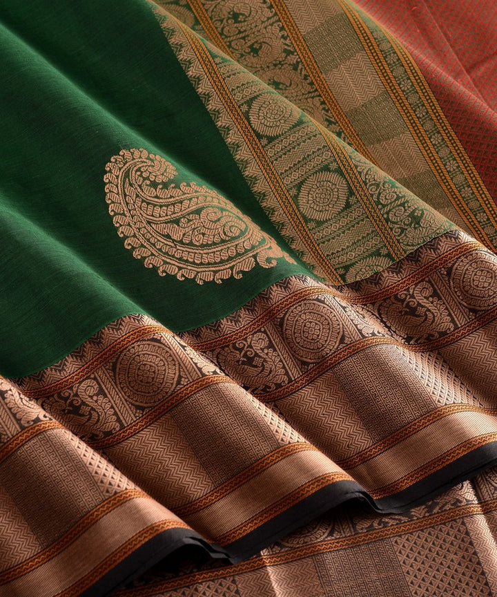 Green with paisley corner motif handwoven kanchi cotton saree