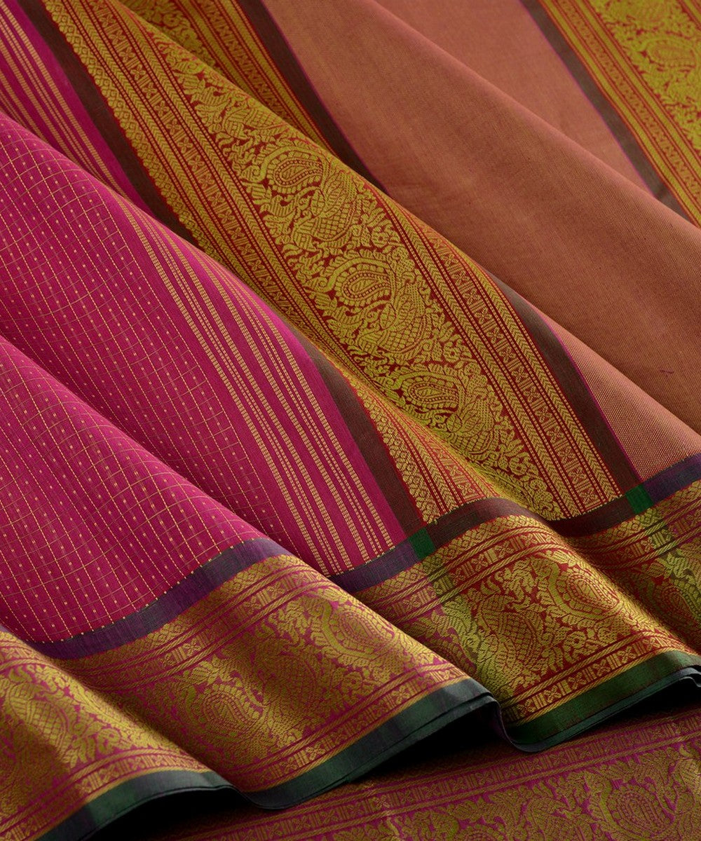 Pink muttu kattam checks handwoven kanchi cotton saree