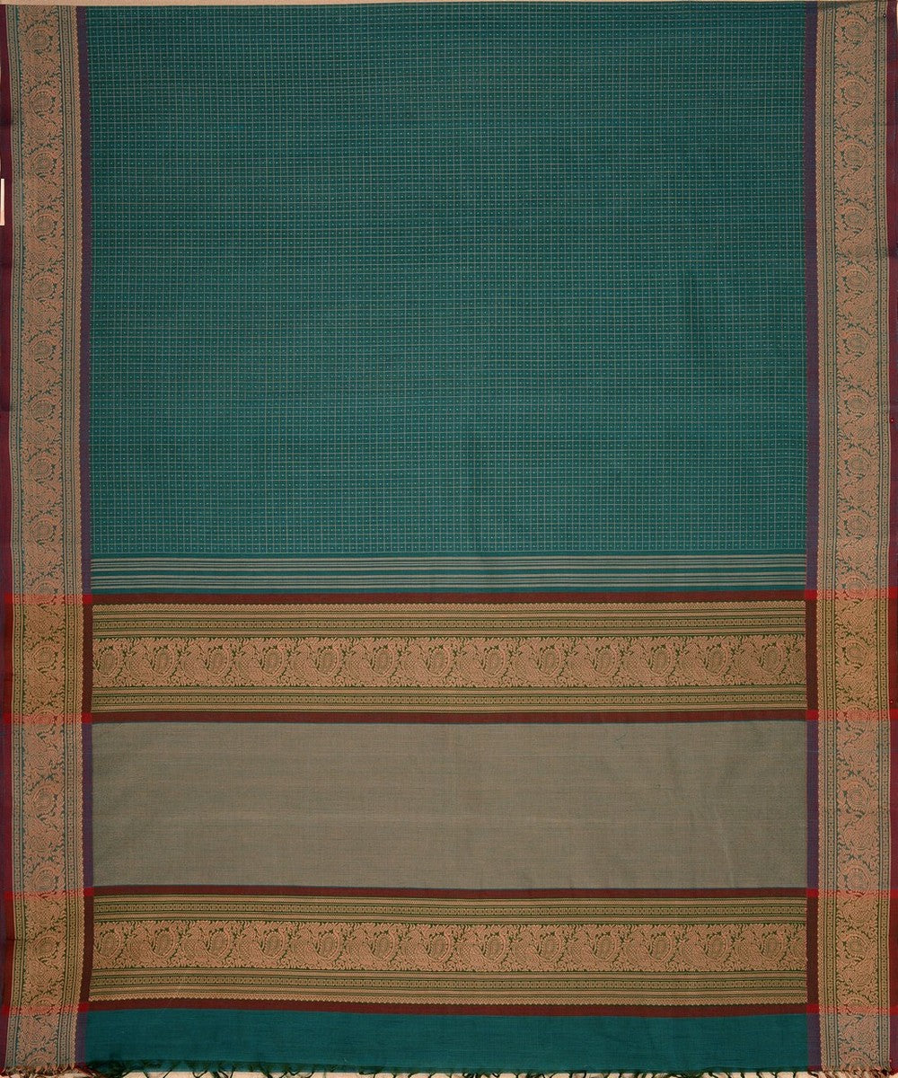 Turquoise muttu kattam checks handwoven kanchi cotton saree