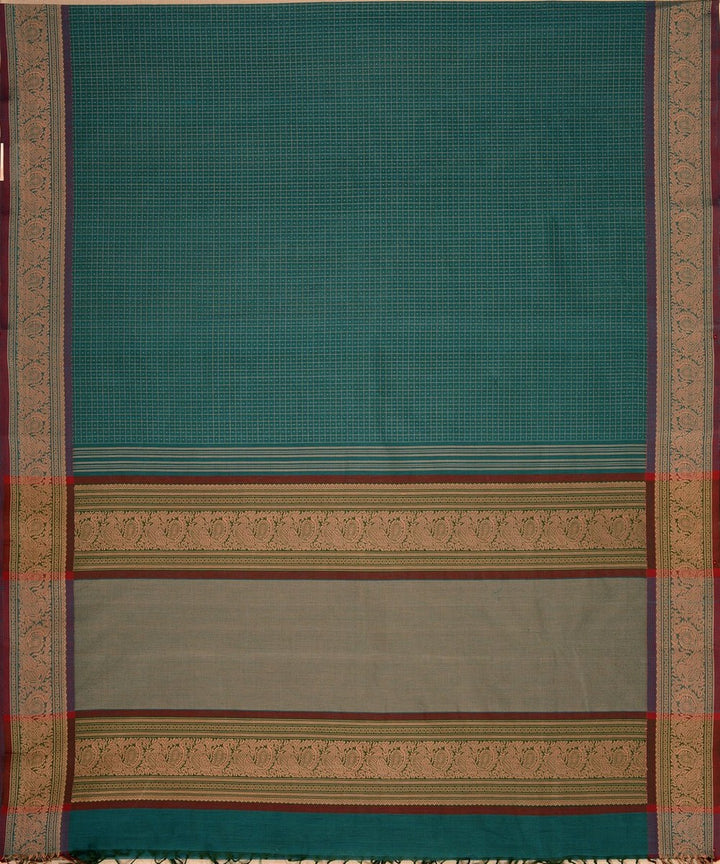 Turquoise muttu kattam checks handwoven kanchi cotton saree