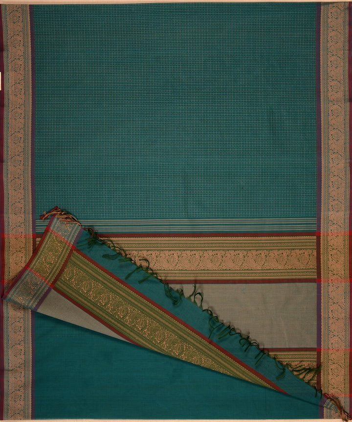 Turquoise muttu kattam checks handwoven kanchi cotton saree