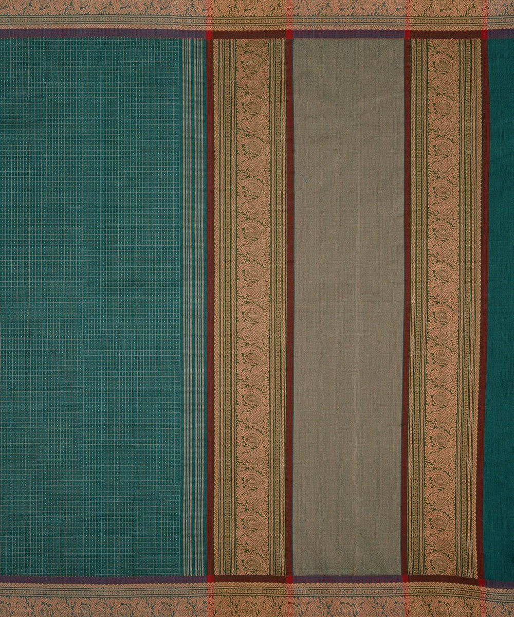 Turquoise muttu kattam checks handwoven kanchi cotton saree
