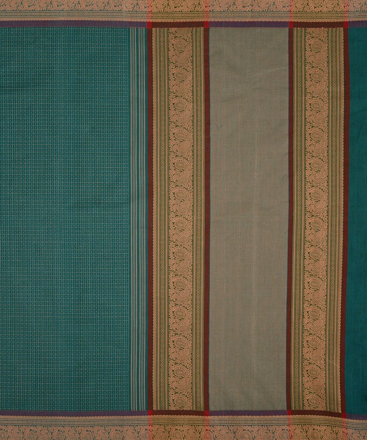 Turquoise muttu kattam checks handwoven kanchi cotton saree