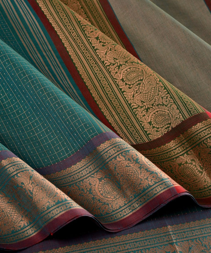 Turquoise muttu kattam checks handwoven kanchi cotton saree