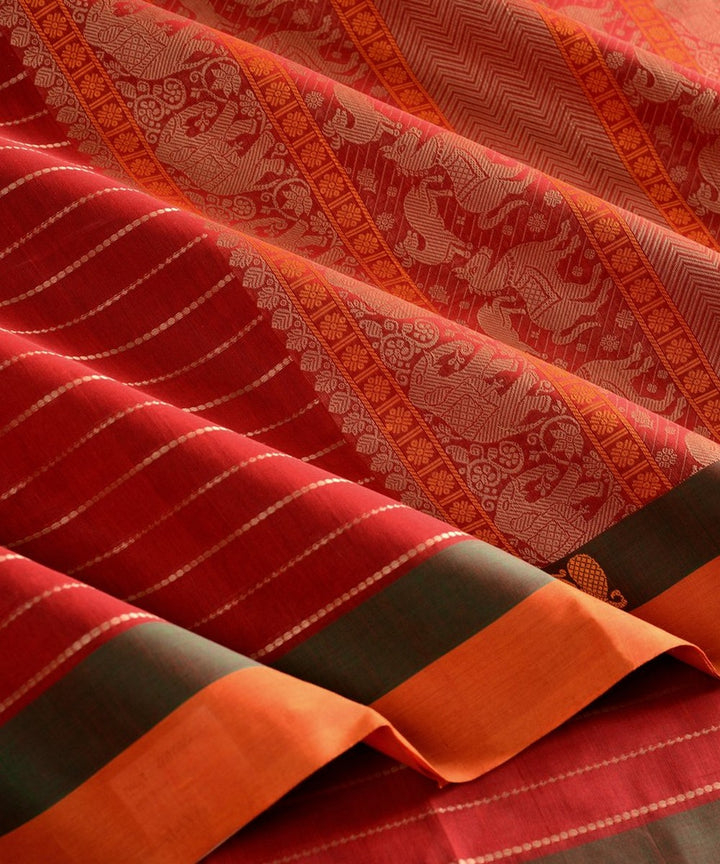 Maroon and orange veldhari handwoven kanchi cotton saree