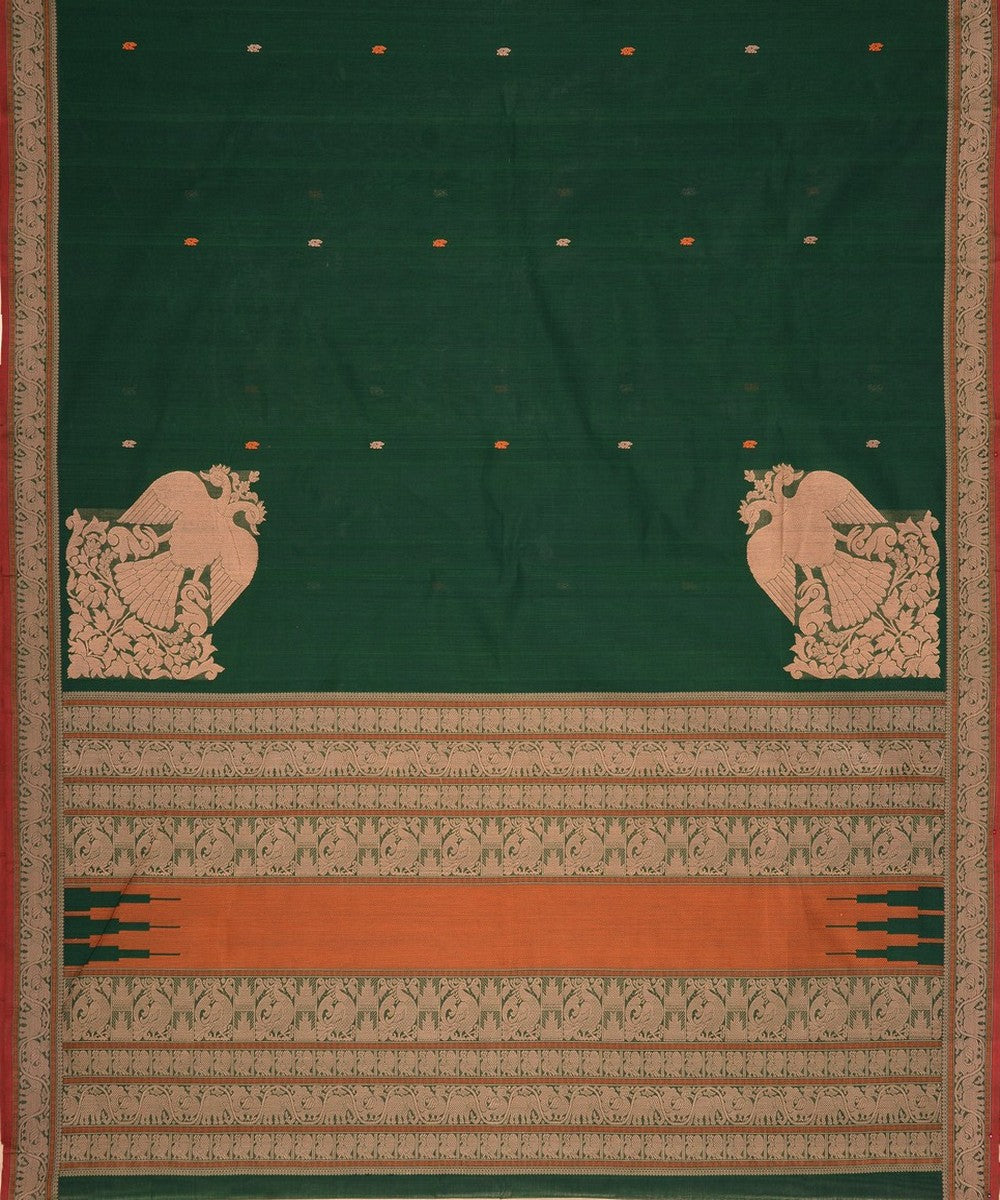 Dark green gandaberunda corner motif handwoven kanchi cotton saree