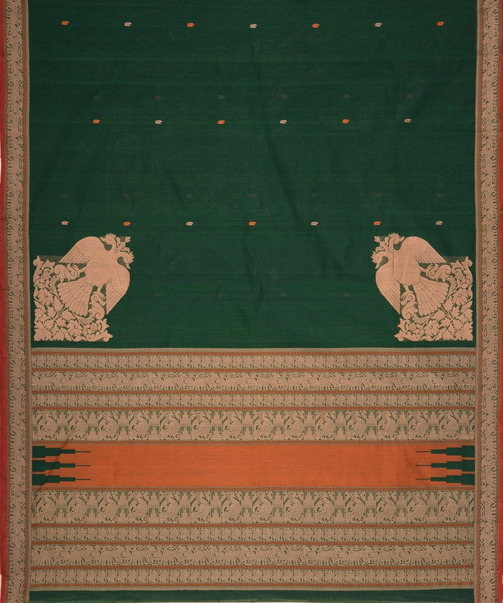 Dark green gandaberunda corner motif handwoven kanchi cotton saree