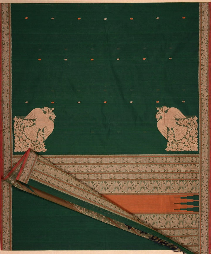 Dark green gandaberunda corner motif handwoven kanchi cotton saree