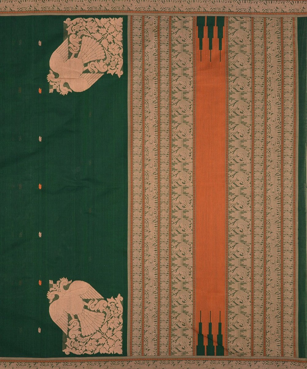 Dark green gandaberunda corner motif handwoven kanchi cotton saree