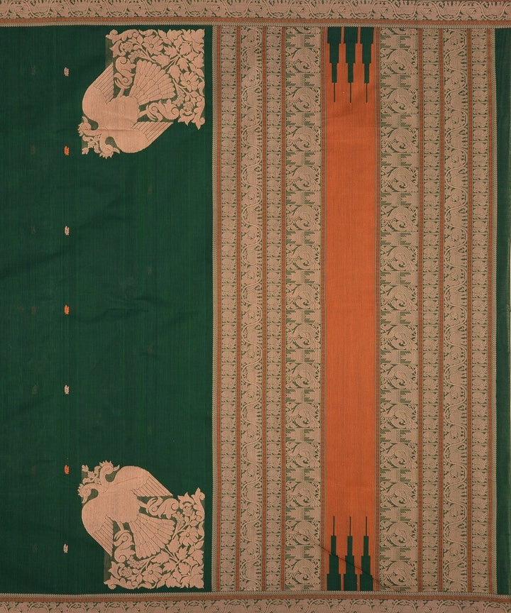 Dark green gandaberunda corner motif handwoven kanchi cotton saree
