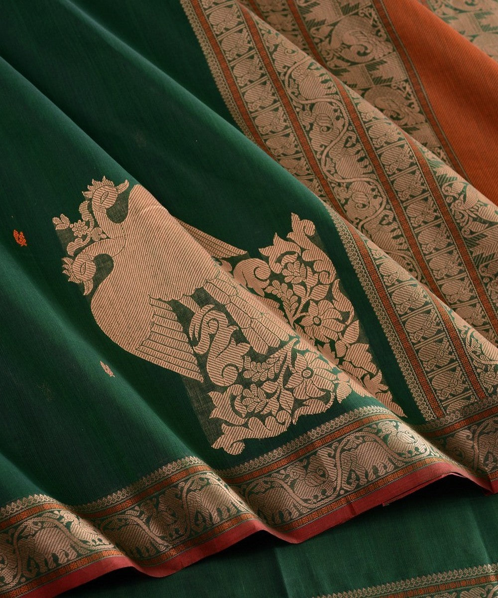 Dark green gandaberunda corner motif handwoven kanchi cotton saree