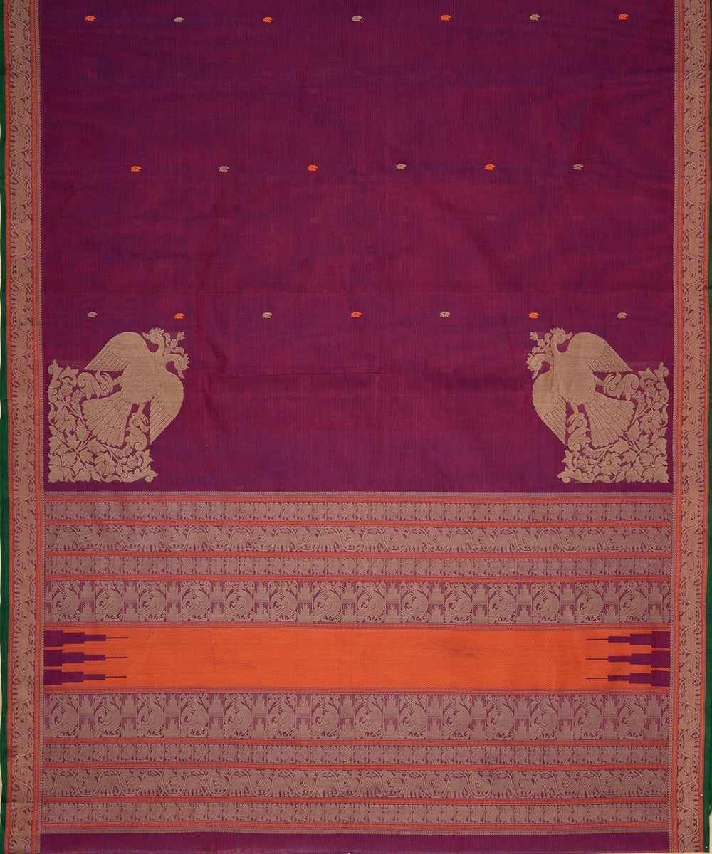 Purple gandaberunda corner motif handwoven kanchi cotton saree