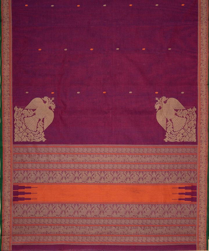 Purple gandaberunda corner motif handwoven kanchi cotton saree