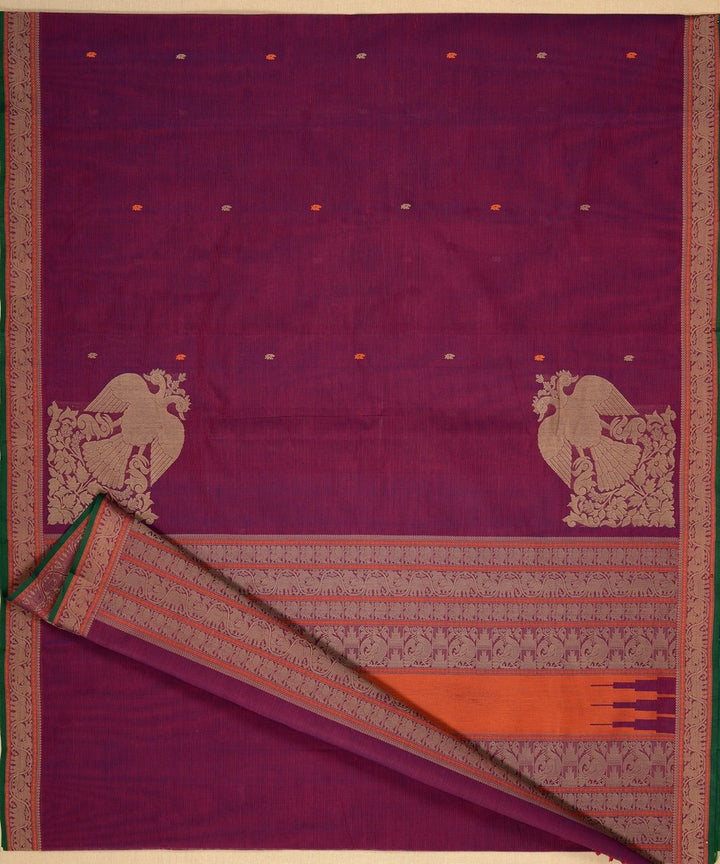 Purple gandaberunda corner motif handwoven kanchi cotton saree