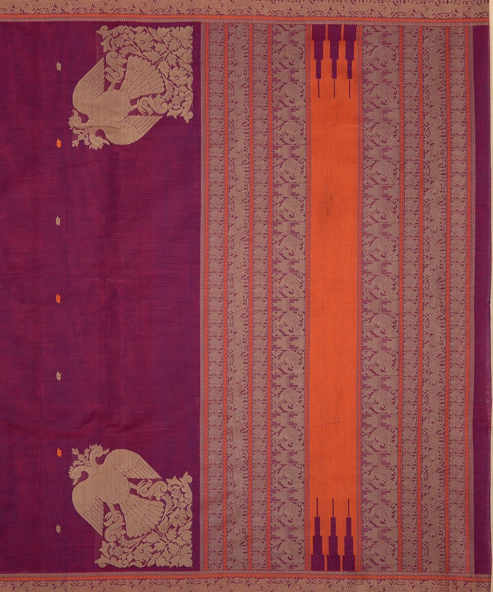 Purple gandaberunda corner motif handwoven kanchi cotton saree
