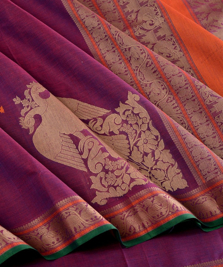 Purple gandaberunda corner motif handwoven kanchi cotton saree