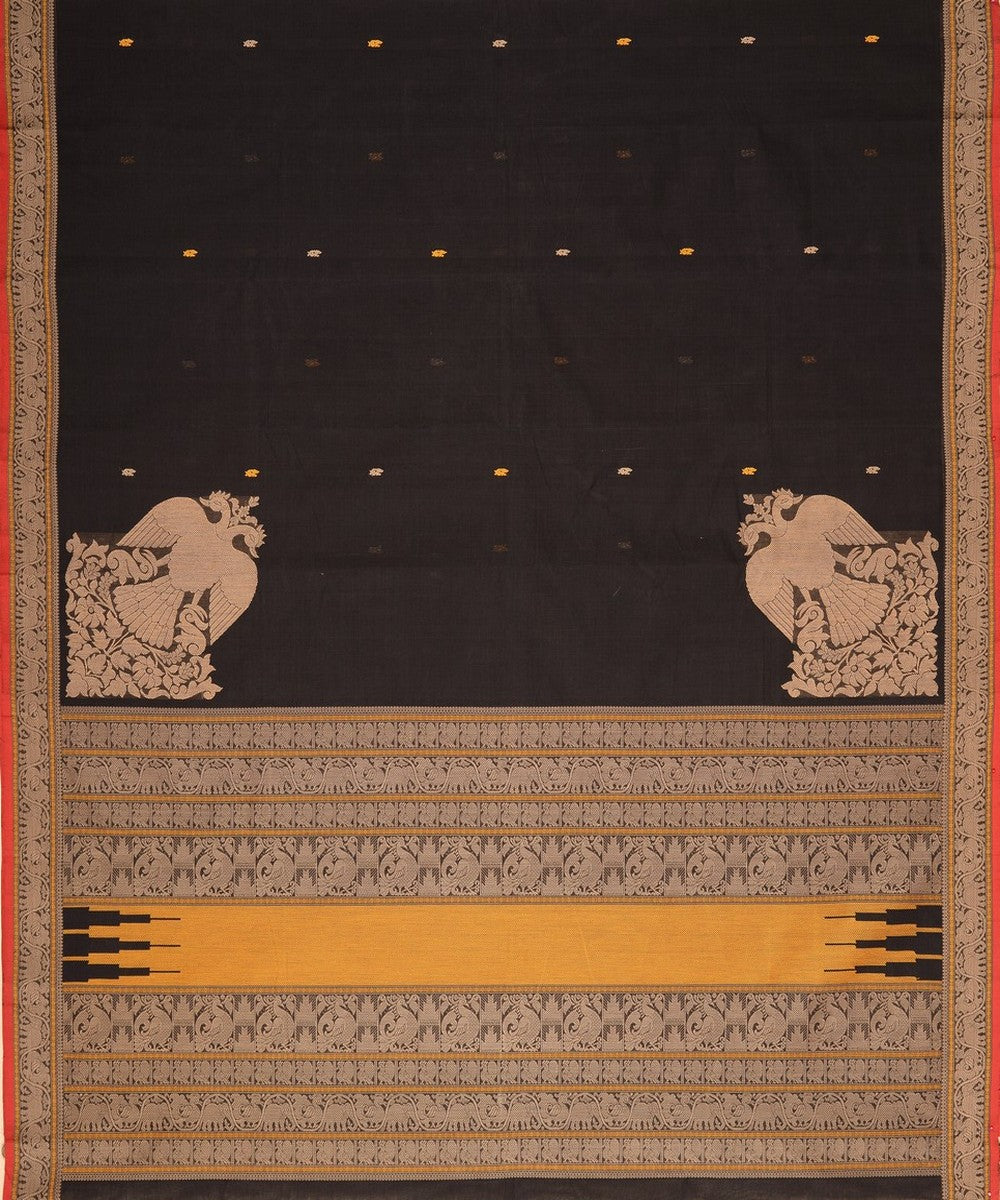 Black gandaberunda corner motif handwoven kanchi cotton saree