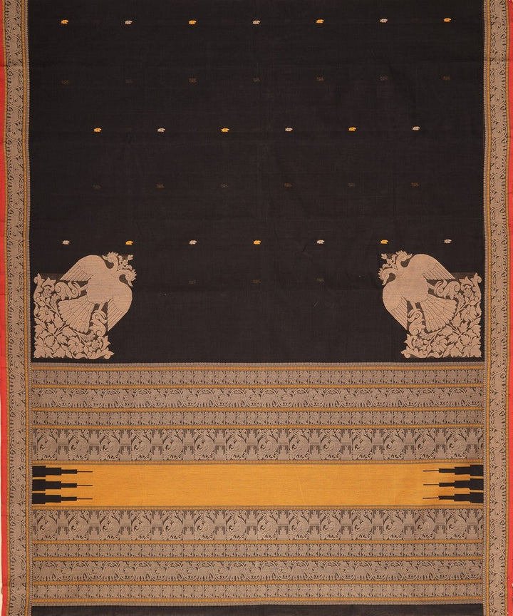 Black gandaberunda corner motif handwoven kanchi cotton saree