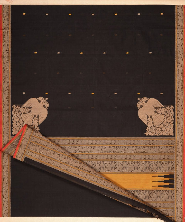 Black gandaberunda corner motif handwoven kanchi cotton saree