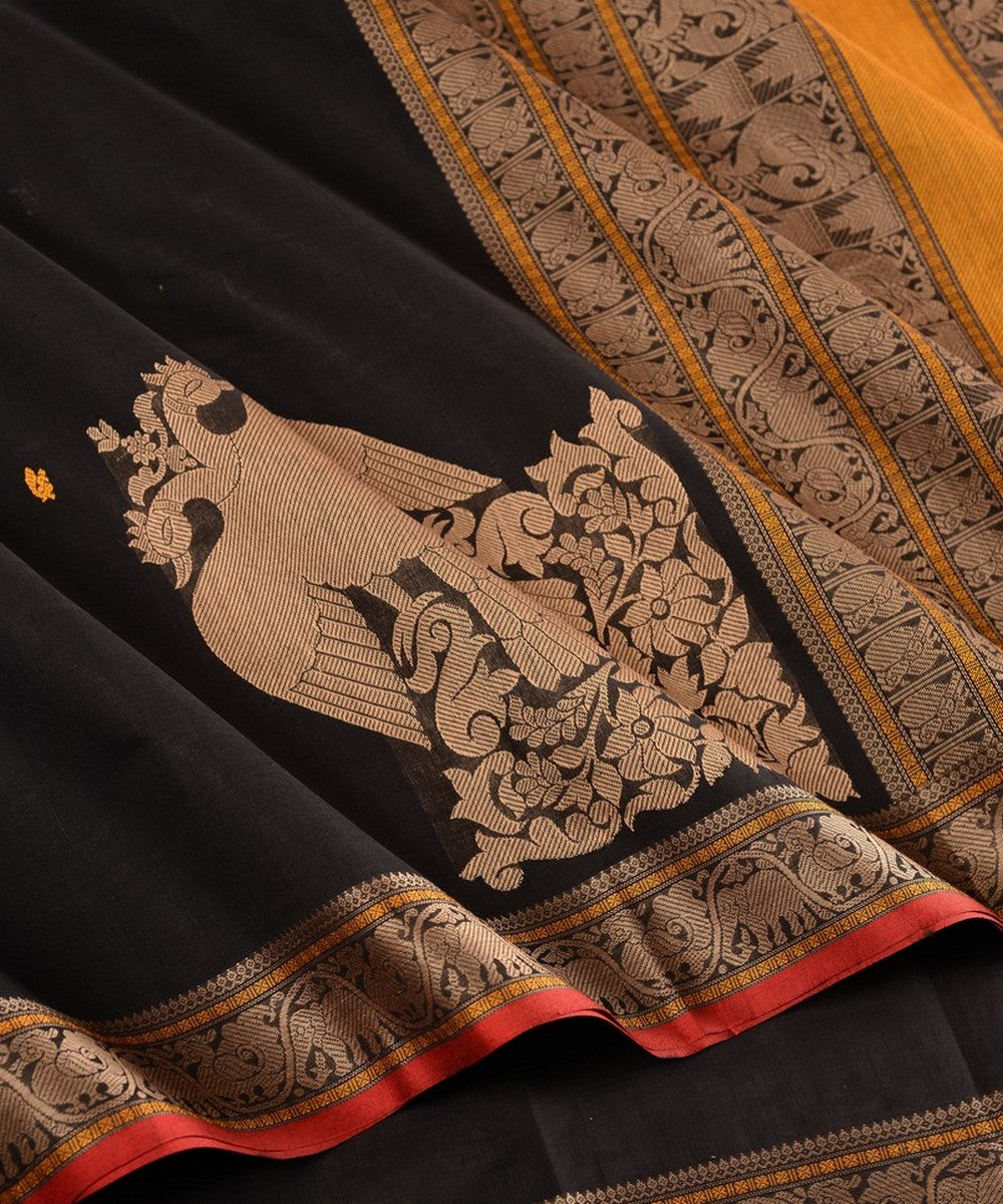 Black gandaberunda corner motif handwoven kanchi cotton saree