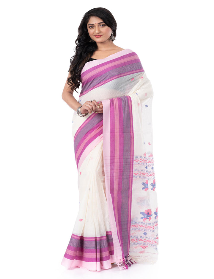 White purple handloom bengal cotton tangail saree