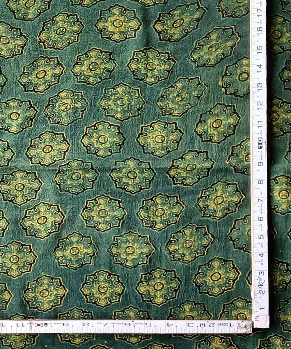 2.5m Green yellow ajrakh print handspun hand loom cotton kurta fabric