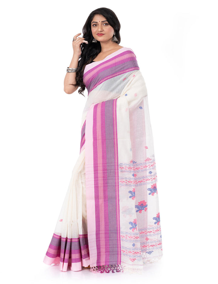 White purple handloom bengal cotton tangail saree