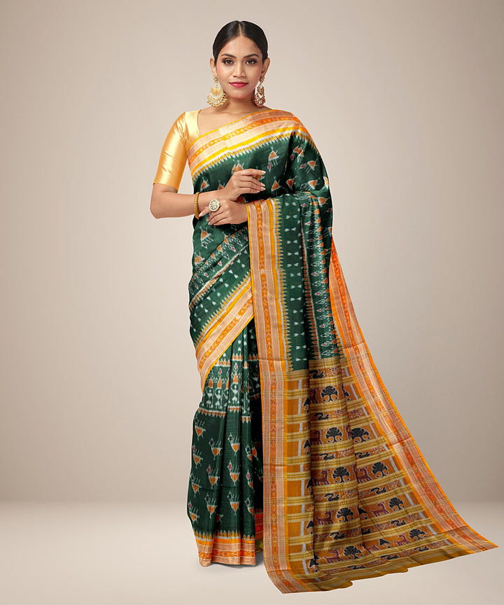 Dark green yellow silk handwoven khandua saree