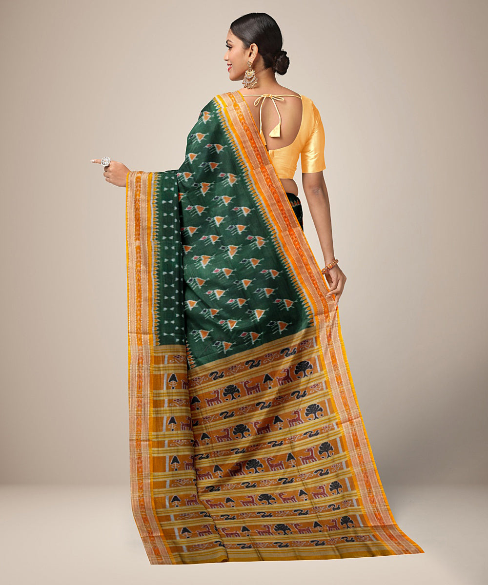 Dark green yellow silk handwoven khandua saree