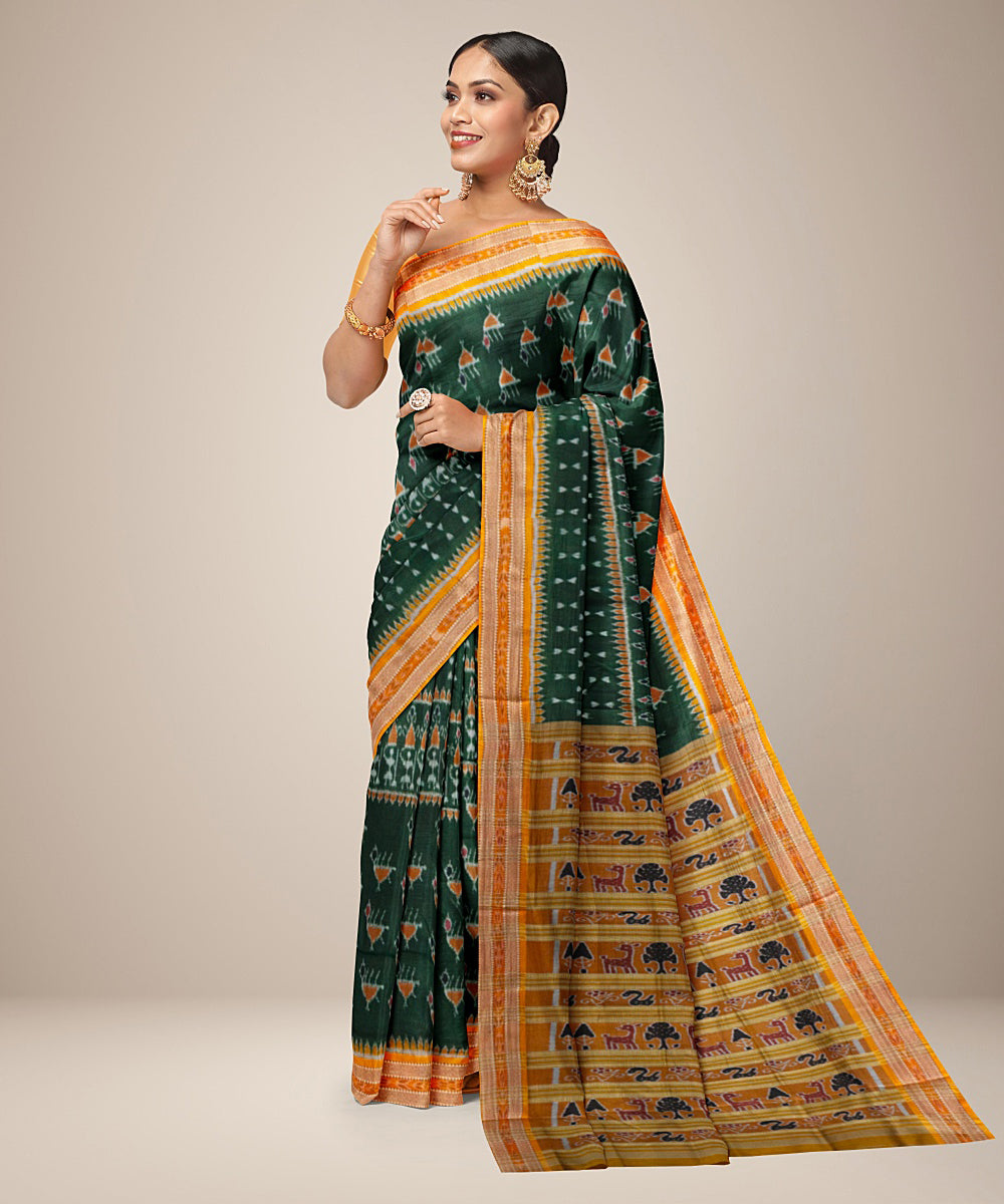 Dark green yellow silk handwoven khandua saree